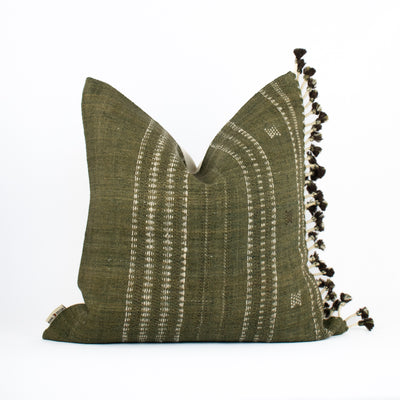 Handcrafted Indian Wool Brown Olive Pillowcase with Tassels & Artisanal Motifs : GARNET MAYA