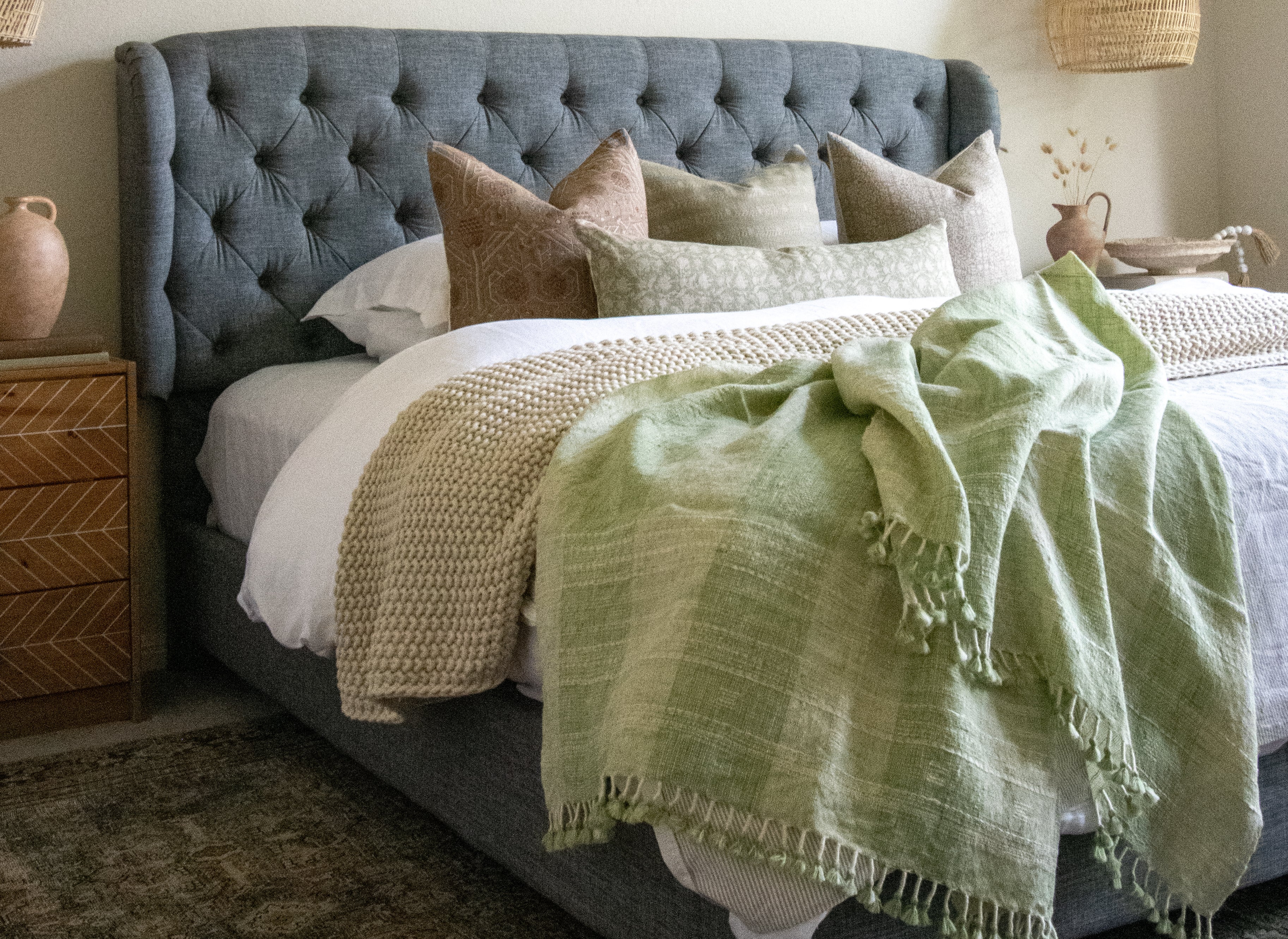 Sage Indian Blankets, Wool Throw Bed-Runner, Couch Throw Cover, Green Luxurious Bedspread, Green Wool Coverlet, Household Gifts - SAGE