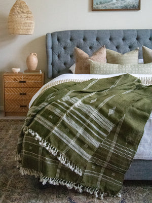 Olive Indian Coverlet Green Throw Blanket Wool Bed Runner Boho Couch Cover Green Sofa Throw Wool Bedspread New House - OLIVER