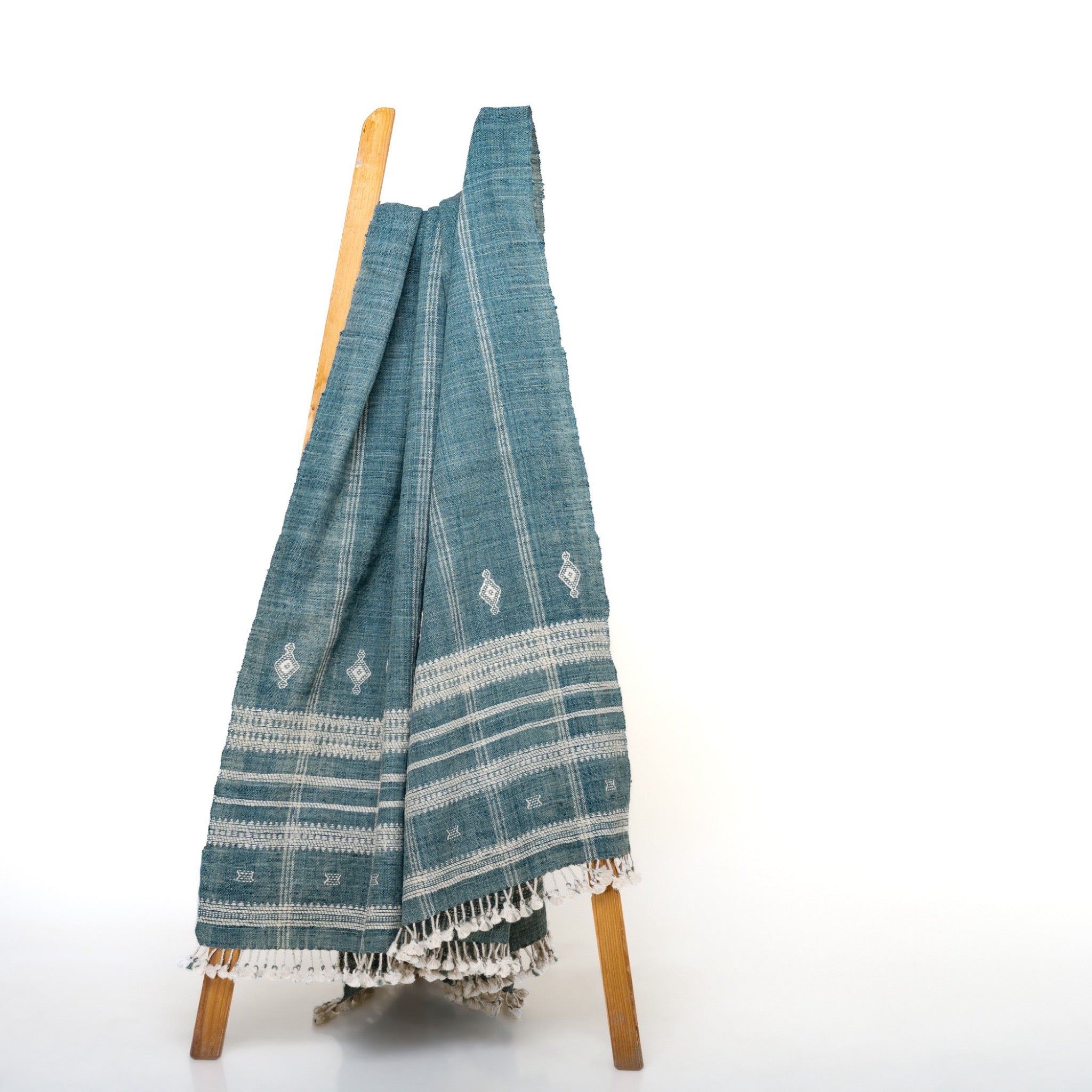 Bhujodi Wool Teal Blue Blanket Hand Loomed from Indian Sheep Wool by Skilled Artisans : TOPAS