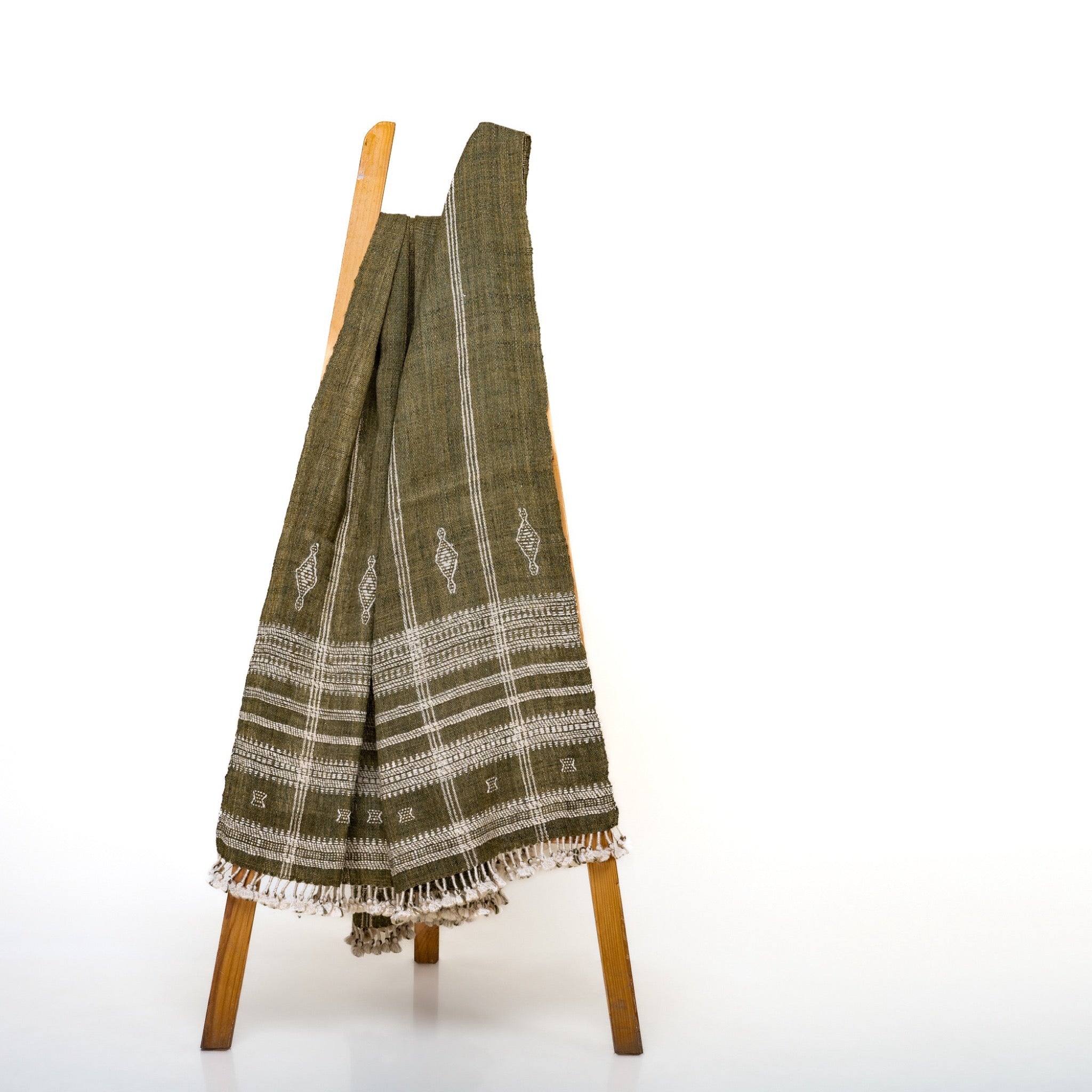 Hand-loomed, Hand-Dyed Indian Wool Olive Throw Blanket with Tassels & Motif Designs : OLIVER