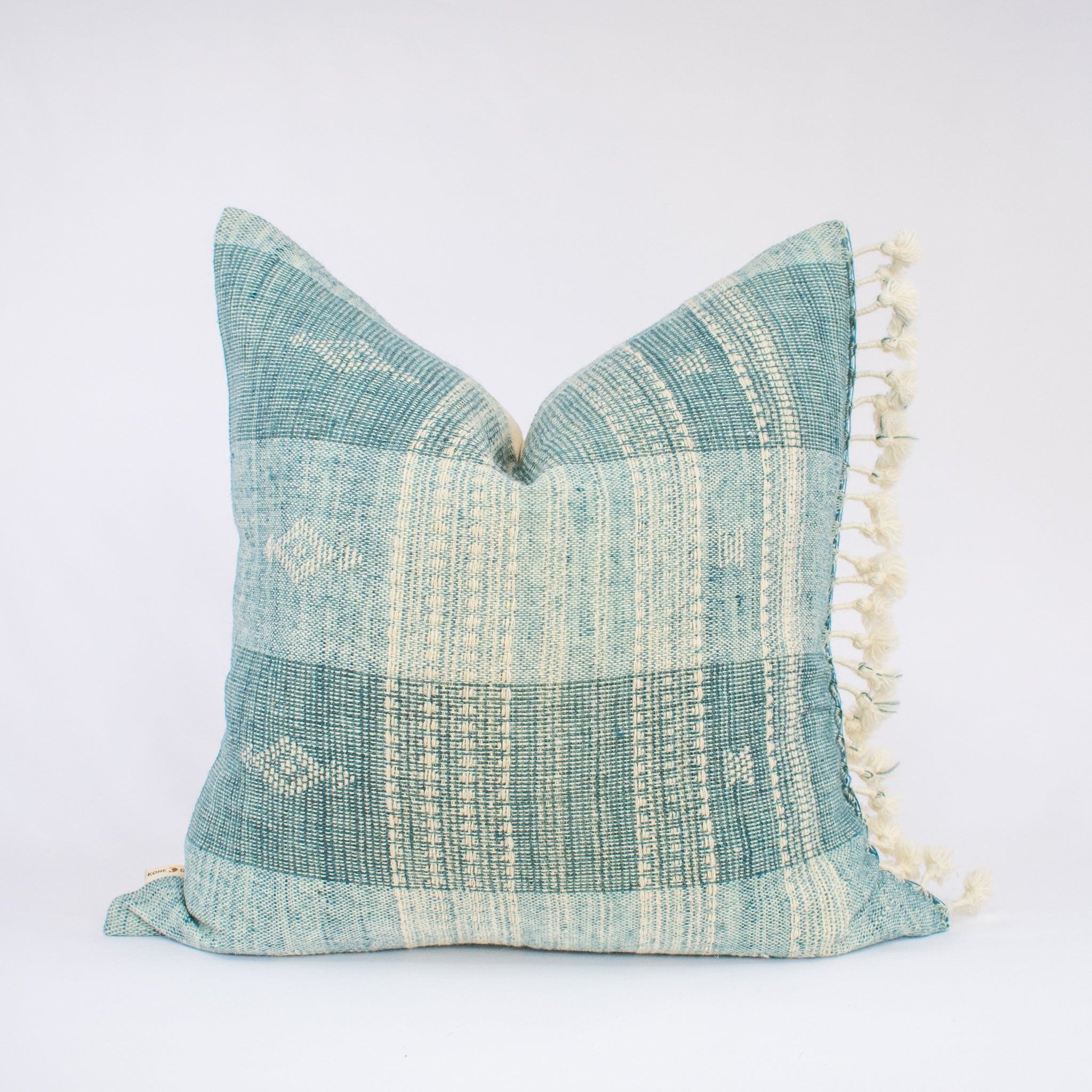 Authentic Indian Hand-Loomed Wool Blue Throw Pillow Cover with Motifs and Tassels : IRIS AADYA
