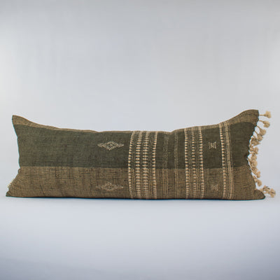 Elegant Olive Brown Indian Wool Long Lumbar 14x36 Throw Pillowcase with Motifs & Tassels : ZARA AADYA