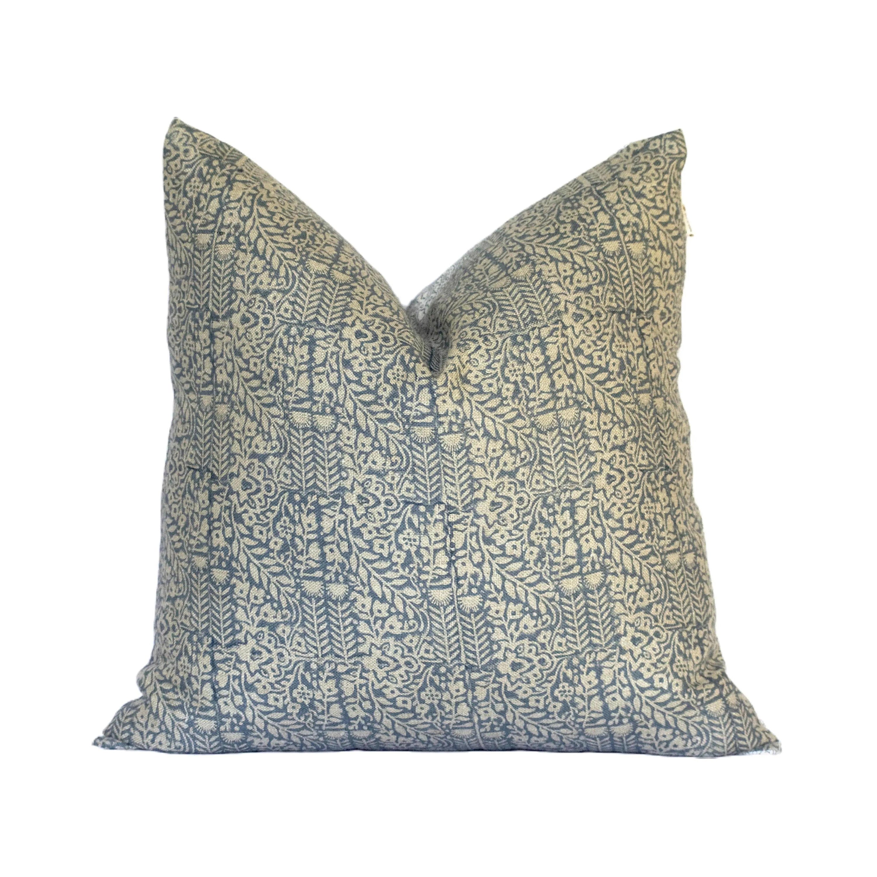 Leaf Vine Hand Block Print Designer Teal Blue Handmade Linen Throw Pillow Cover : LATA TEAL