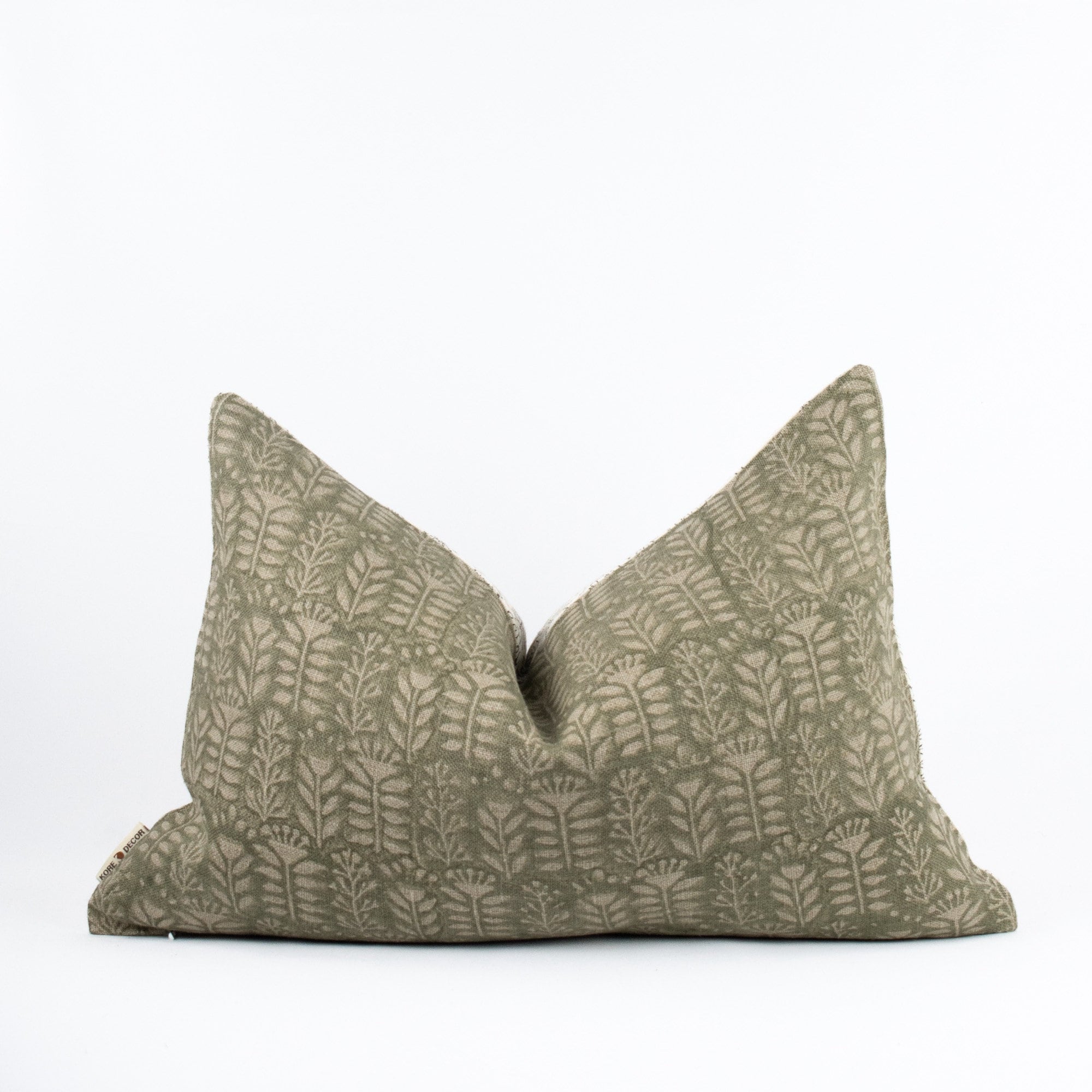 Olive Green Leaf Print Designer Linen Throw Pillow Cover Hand Printed using Wooden Block : TRIVENI FERN OL