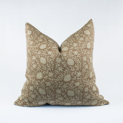 Block Print Pillow Cover, Floral Indian Design, Neutral Linen With Printed Back, Handmade Lumbar For Modern Homes, New House - KASHI RUST OL