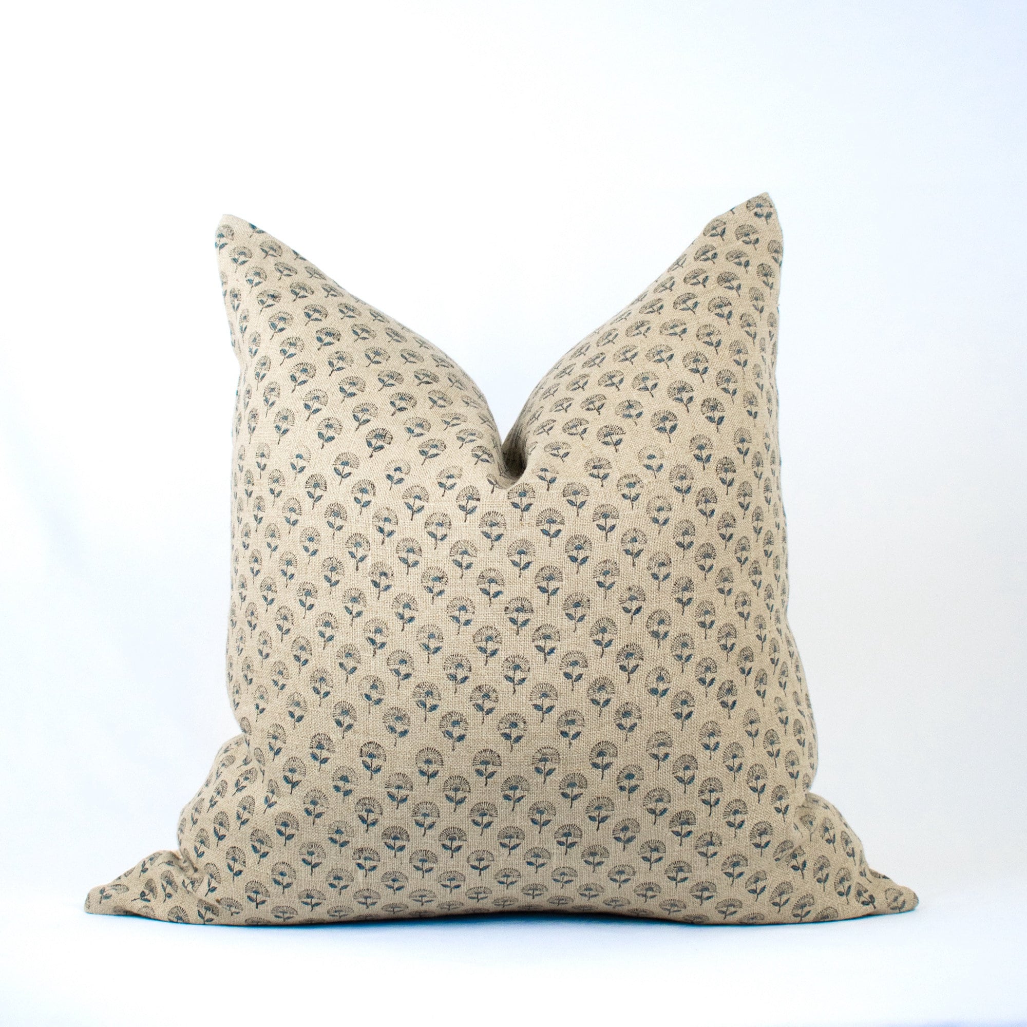 Pollen Flower Indian Block Print Teal Blue Linen Pillow Cover, Both Sides Hand Block Print : MUDRA TEAL BL