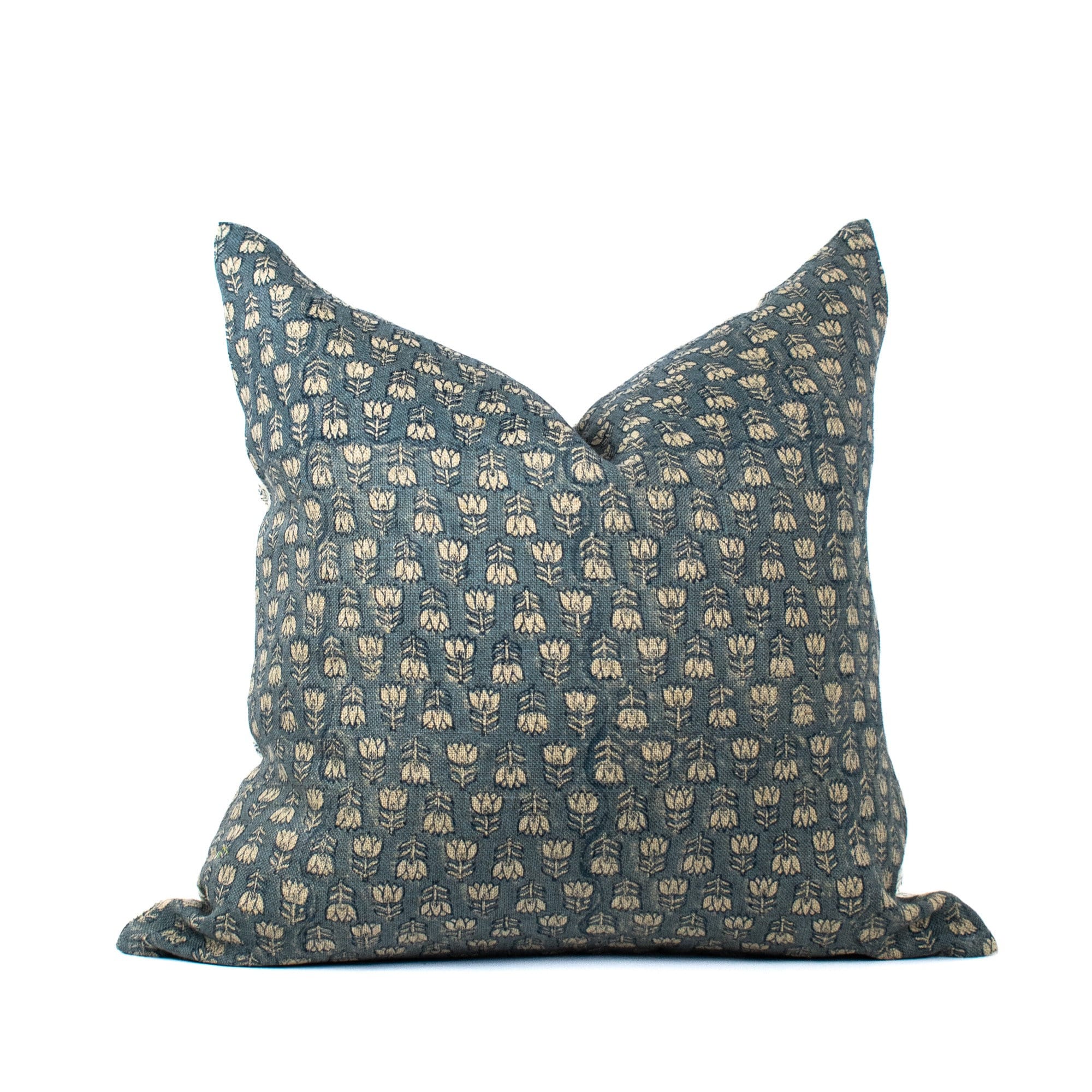 Decorative Linen Pillow Cover Floral Print, Teal Blue Hand Block Linen Pillow Cover : TARA TEAL
