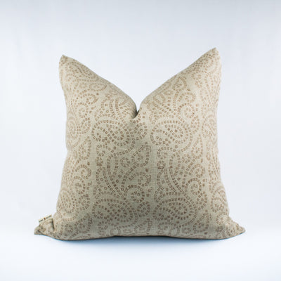 Indian Throw Pillows, Floral Linen-Backed Cushion, Blockprinted In Earthy Tones, Handmade Home Decor For New House - TULJA STUCCO BL